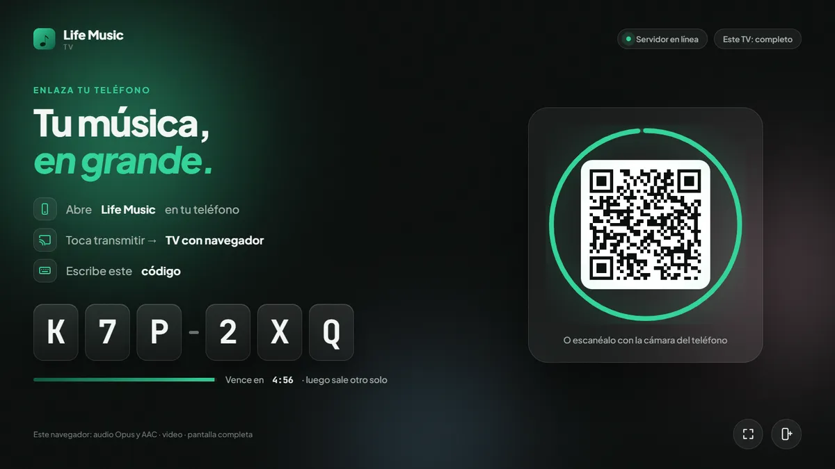 La pantalla de enlace de Life Music TV, con el código y el QR